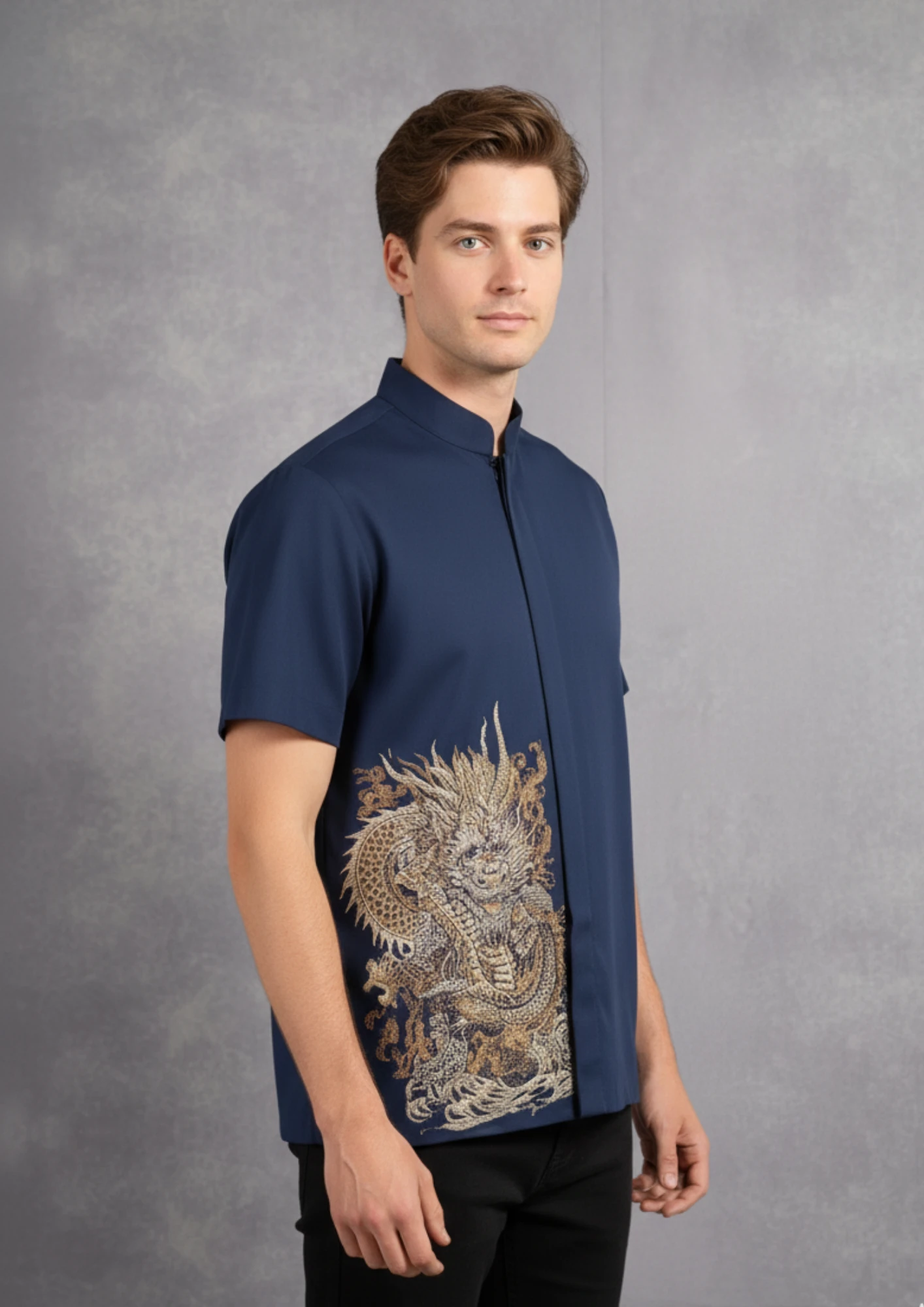 Navy Dragon Embroidered Shirt
