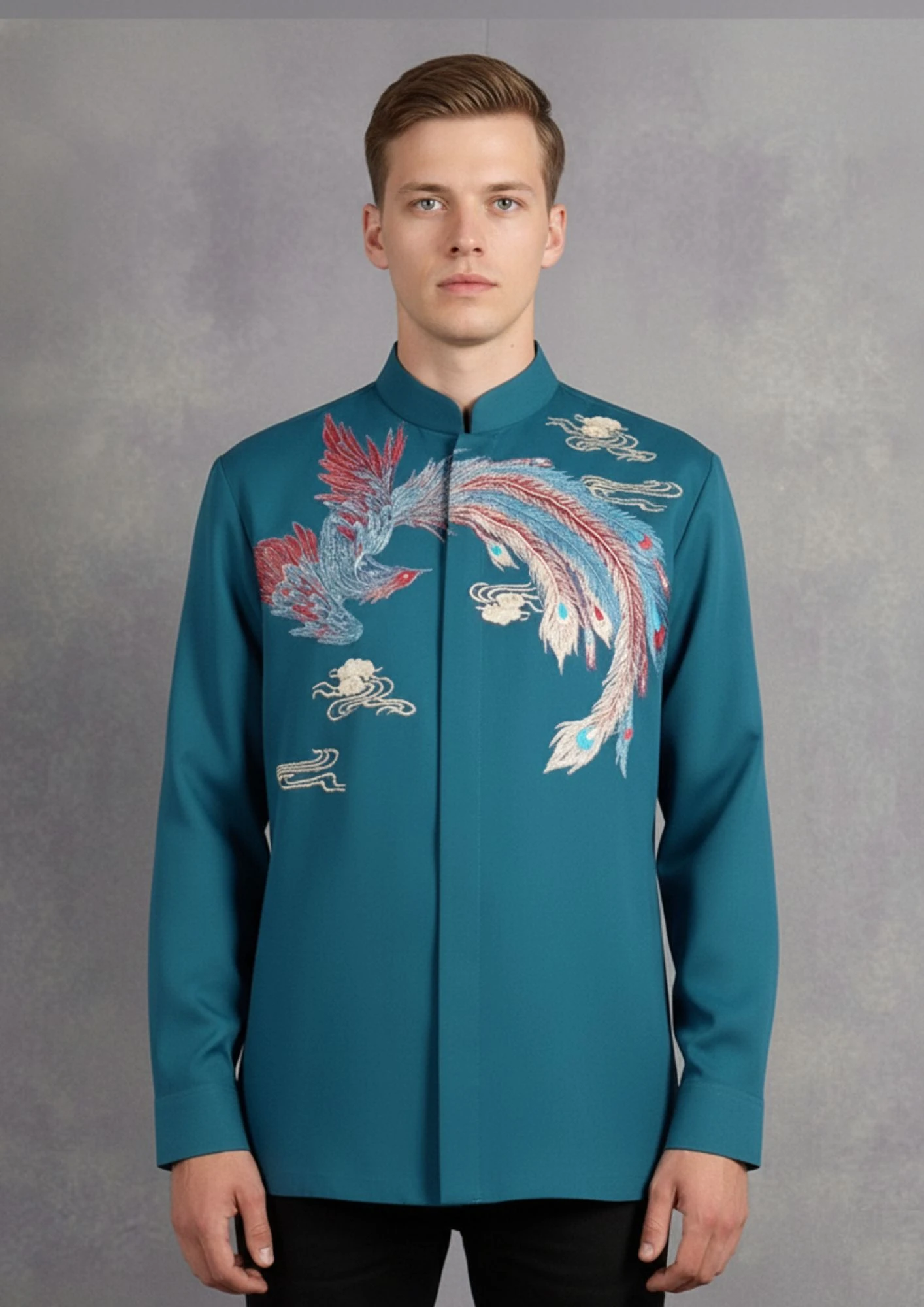 Teal Blue Embroidered Shirt